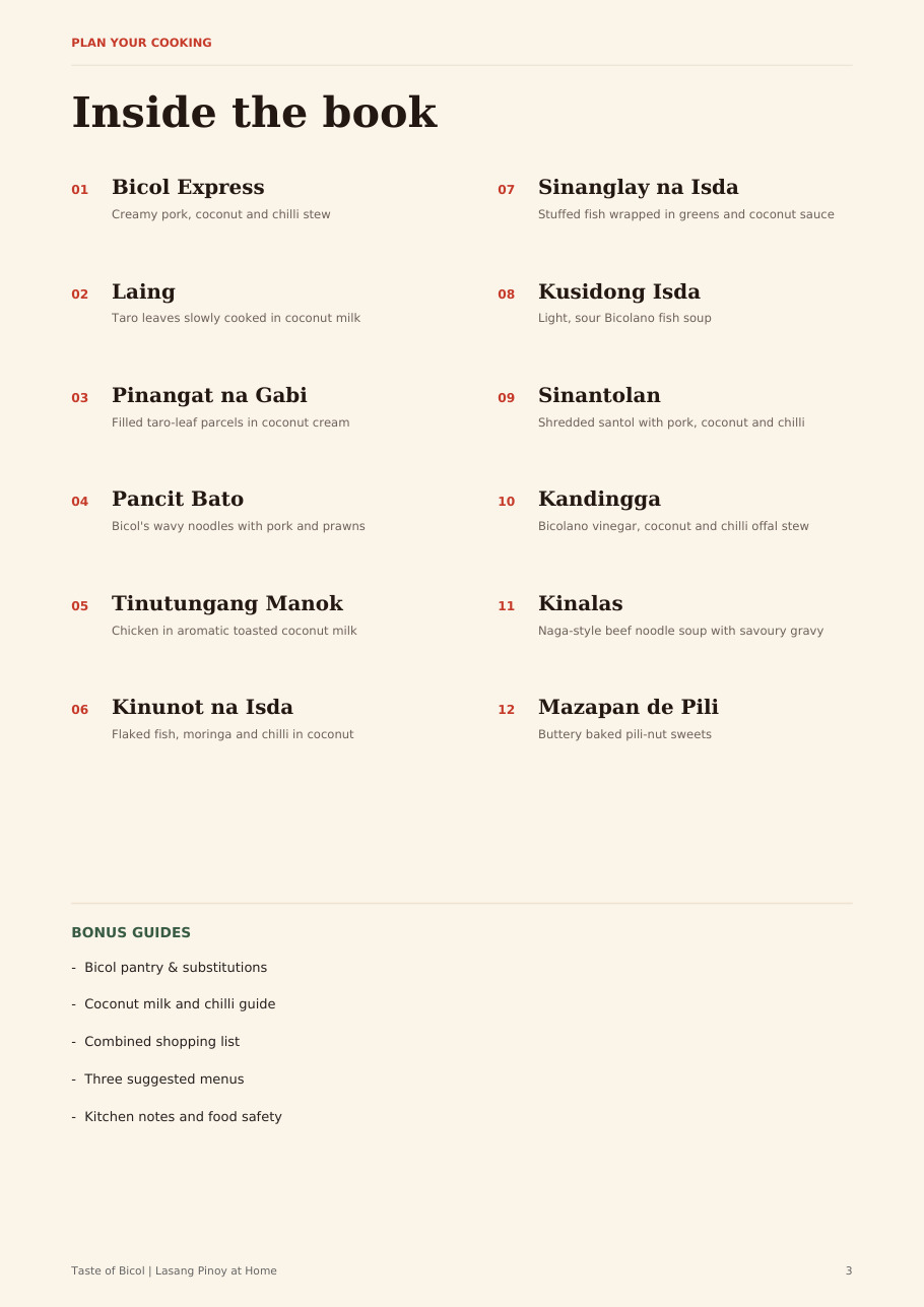 Taste of Bicol cookbook contents page