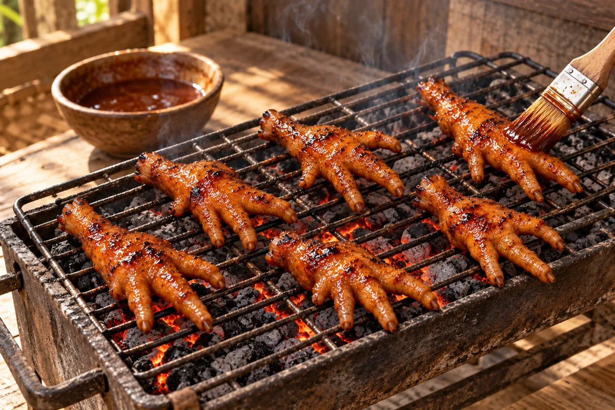 Cooking illustration of fully simmered chicken feet being glazed on the grill