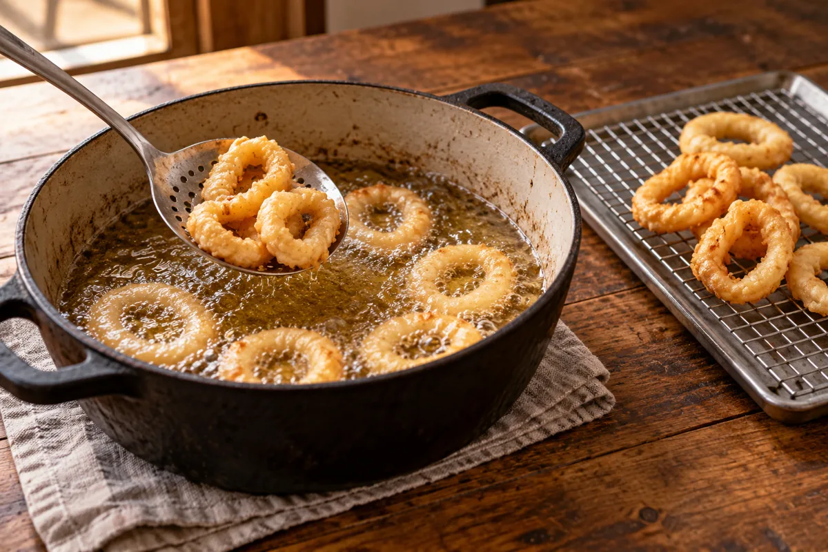 Cooking illustration of squid rings frying in small batches
