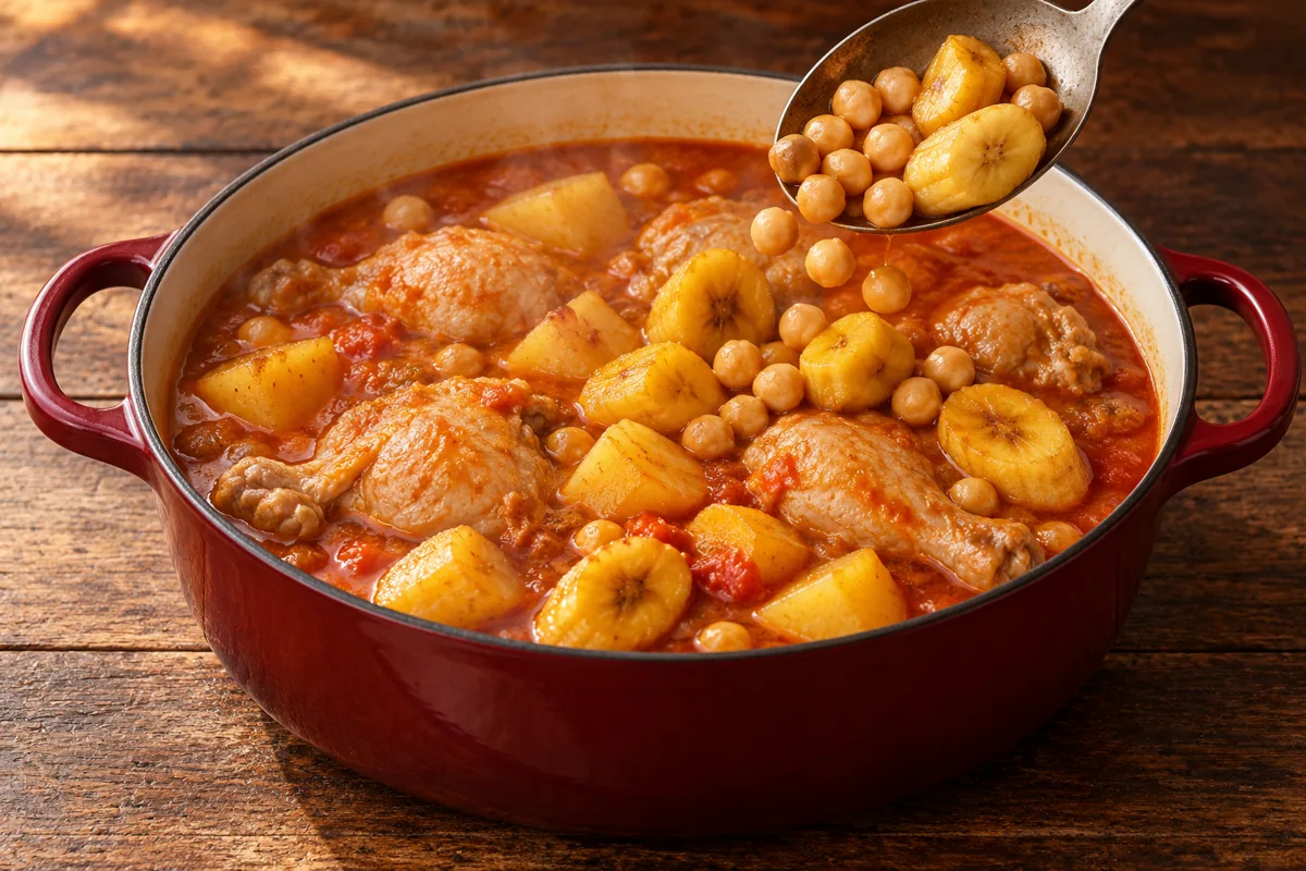 Cooking illustration of chickpeas and saba being added to chicken pochero