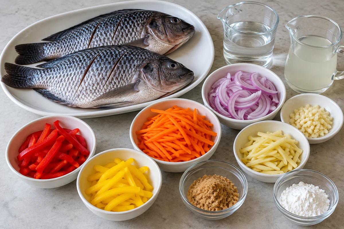 Illustrated ingredients for fish escabeche