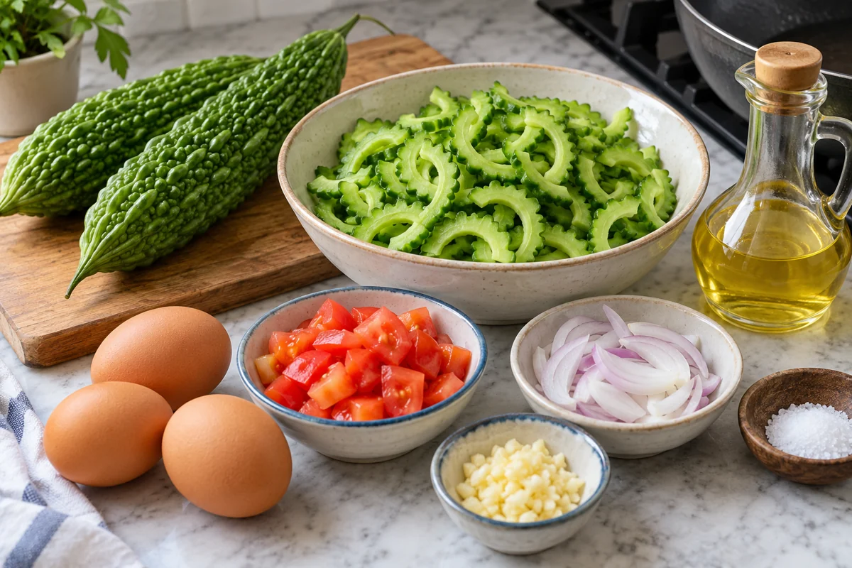 Illustrated ingredients for ginisang ampalaya with eggs