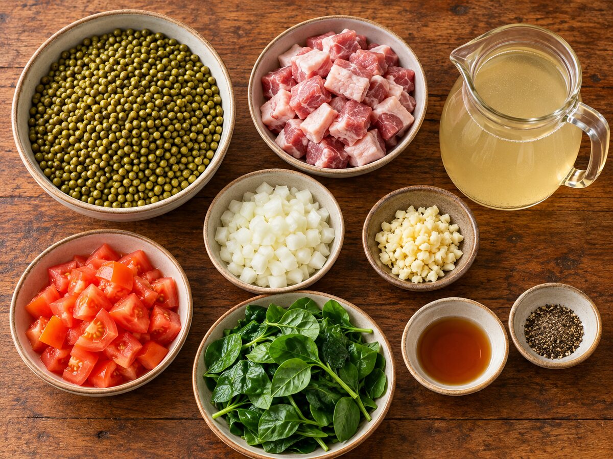 Measured ingredients for Ginisang Munggo including mung beans, pork, tomatoes, garlic, onion and leafy greens