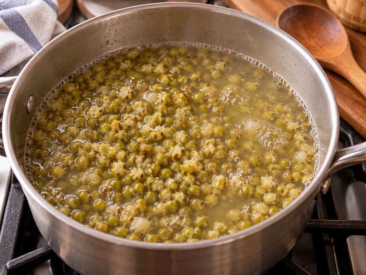 Mung beans simmering in water until soft and beginning to split
