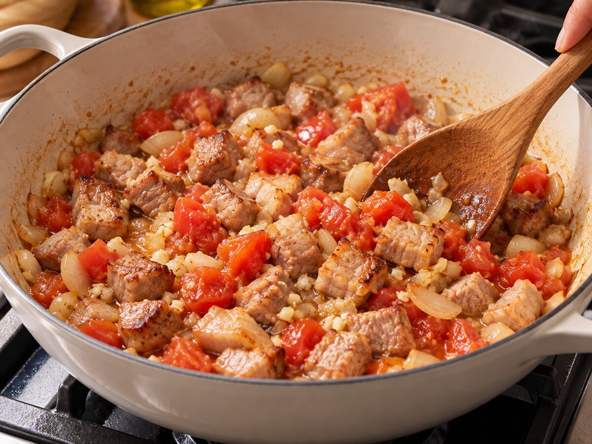 Pork, onion, garlic and chopped tomatoes sautéing in a pot for Ginisang Munggo