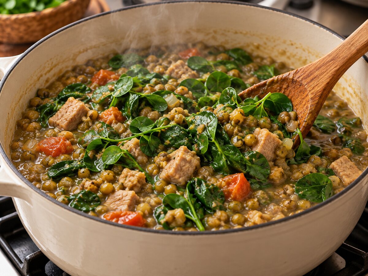Leafy greens being folded into a pot of cooked Ginisang Munggo