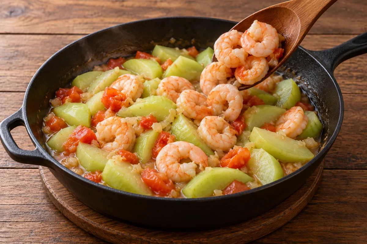 Cooking illustration of cooked shrimp returning to a pan of chayote and tomato