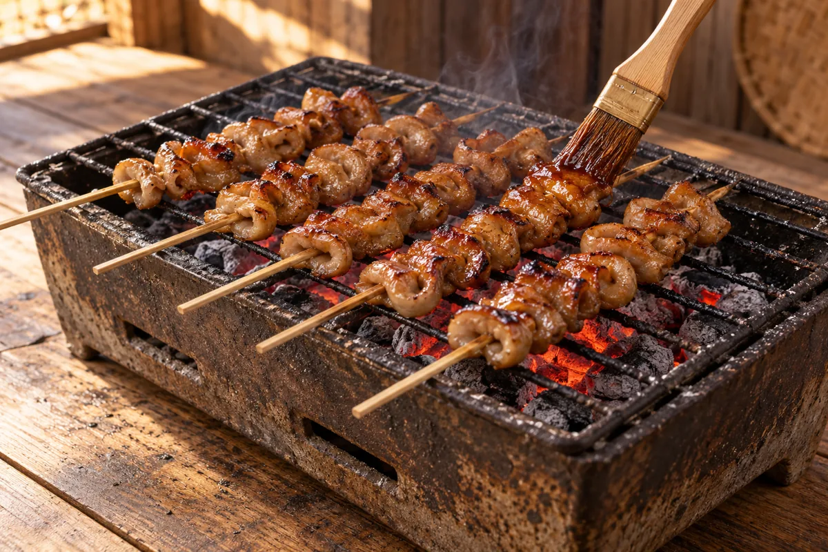 Cooking illustration of precooked pork-intestine skewers being glazed on a grill
