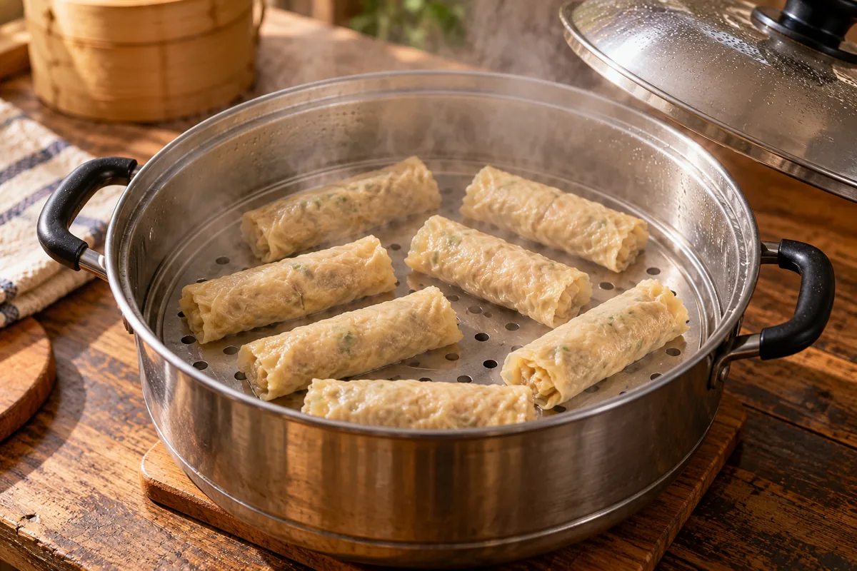 Cooking illustration of beancurd-wrapped kikiam rolls steaming on a rack
