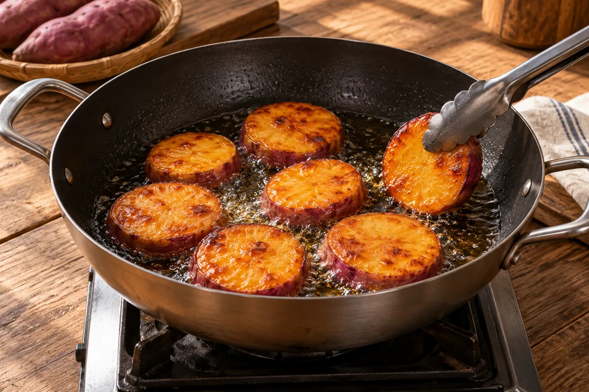 Cooking illustration of caramel forming around fried sweet-potato slices