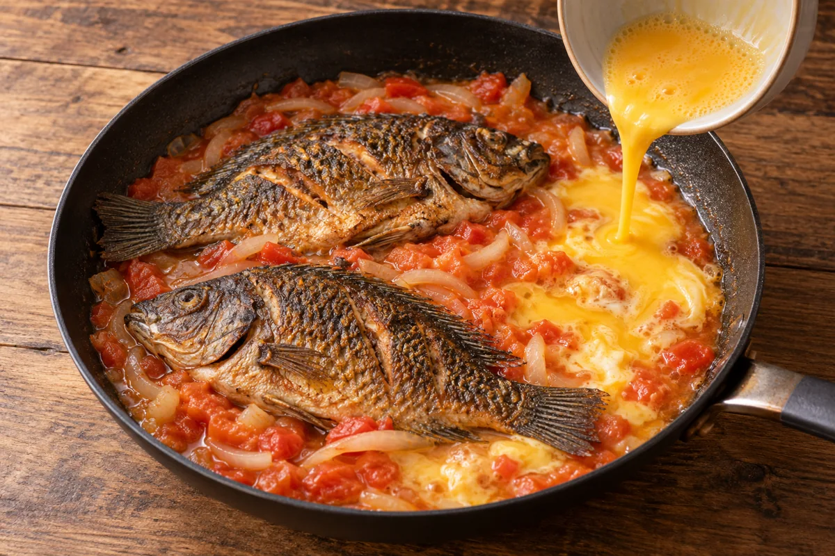 Cooking illustration of beaten egg being added around fish in tomato sauce