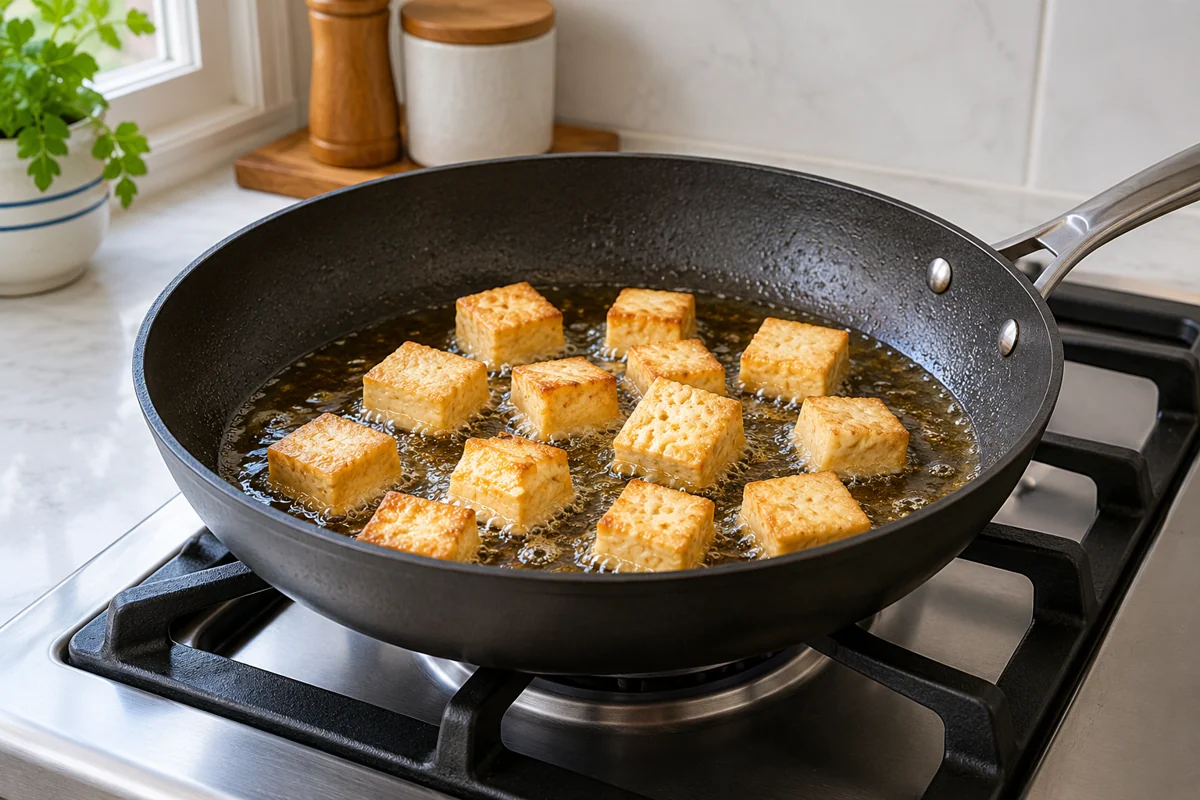 Cooking illustration: Fry dry tofu in small batches